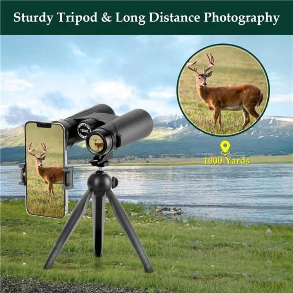 High Powered 12x42 HD Binoculars with Phone Adapter, Tripod and Tripod Adapter